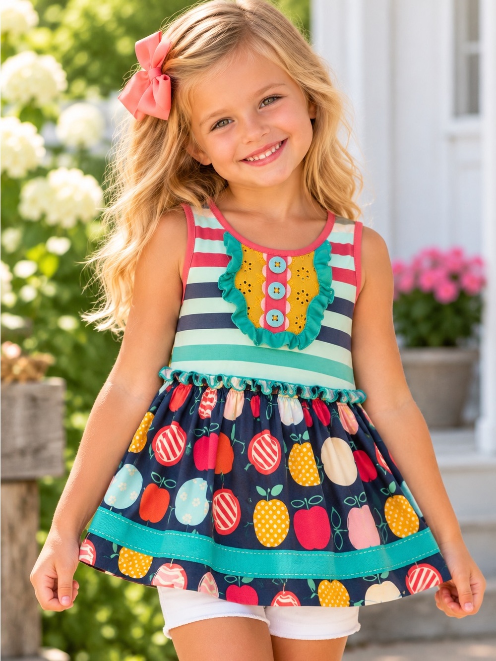 Matilda Jane Girls Size 4 Fruit Print Striped Tunic Top Ruffle Boutique